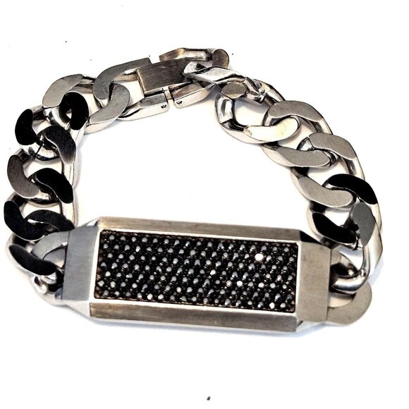 Swarovski Mens Large Stainless Steel Cuban Link Chain Bracelet Black Crystals - Picture 1 of 4